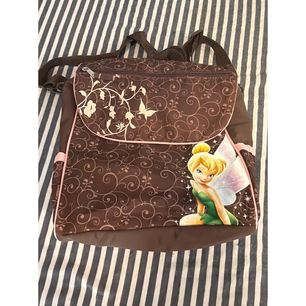 Disney Fairies Tinkerbell Backpack Brown Pink Scroll Butterfly Print Travel Bag